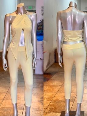 Sleeveless Cream Halter Top & High-Waist Leggings Set